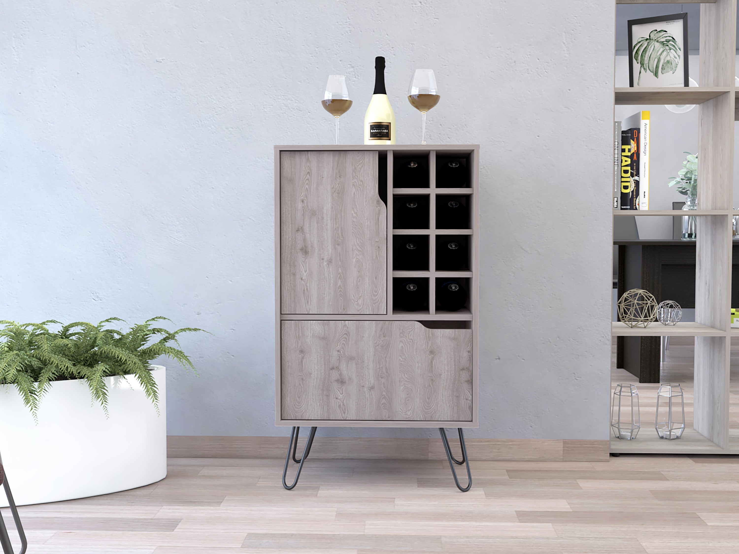 Sheffield L Bar C, Two Cabinet, Hairpin Legs, Eight Cubbies For liquor