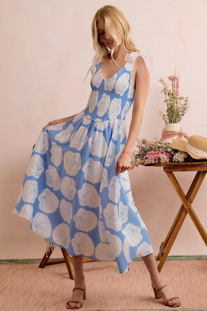 SO ME Shell Smocked Bodice Shoulder Tie Lined Midi Dress