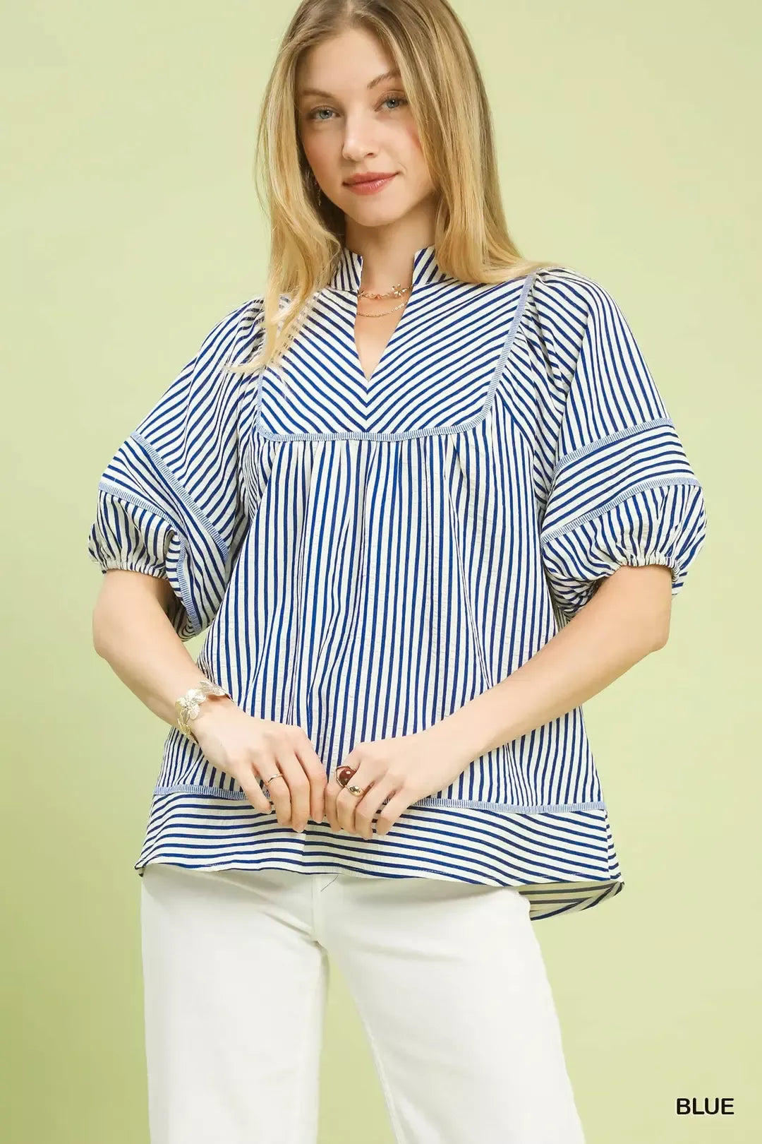Umgee Striped Puff Sleeve Babydoll Top