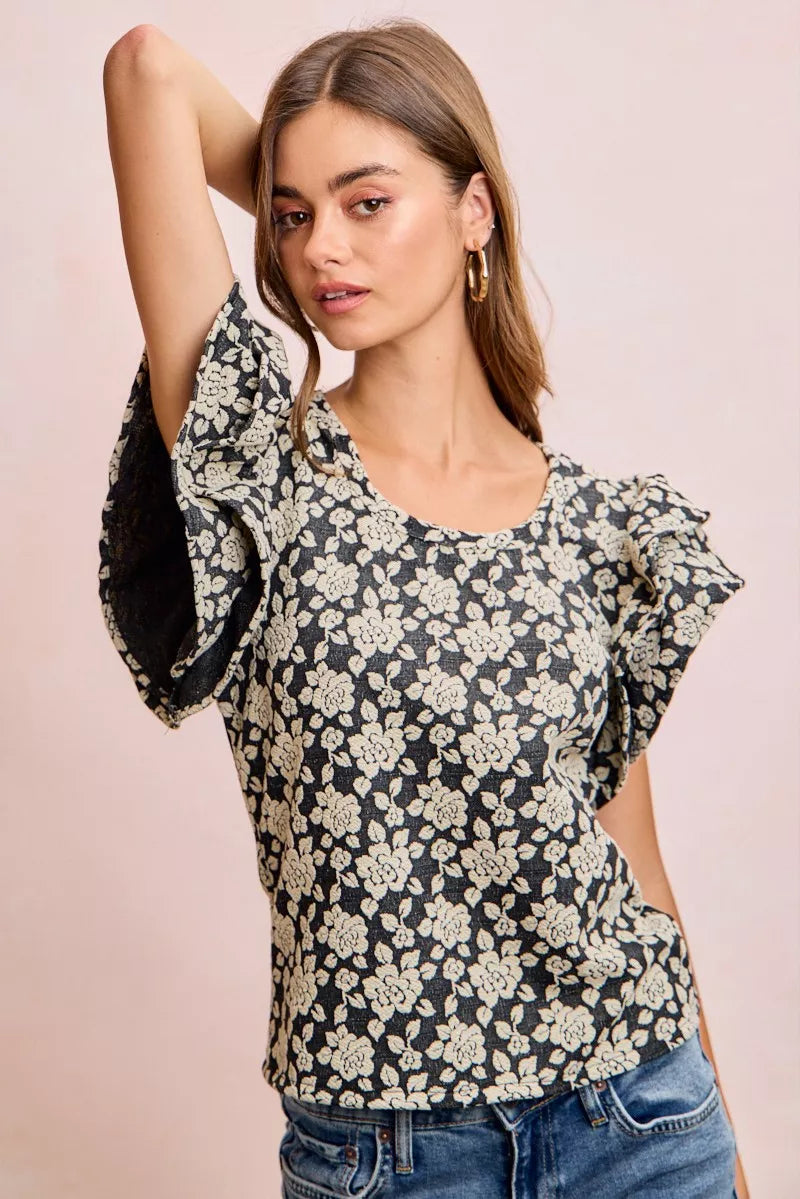 BiBi Floral Jacquard Ruffle Sleeves Knit Top