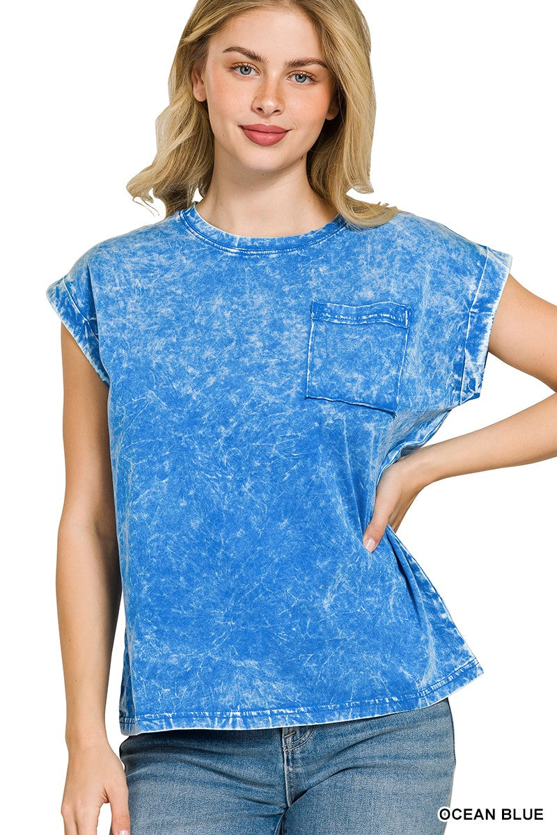 Zenana Full Size Crinkle Washed Round Neck Folded Short Sleeve Tee Plus Size
