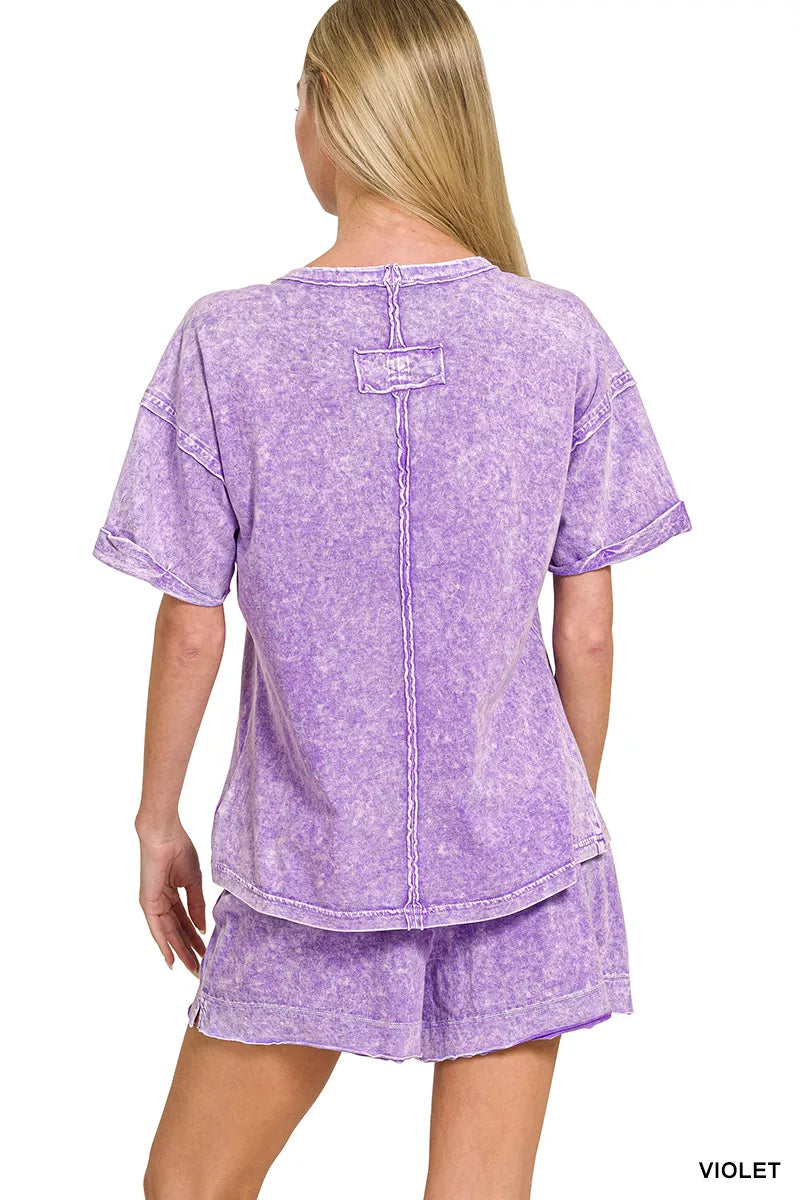 Zenana Halo Snow Washed Exposed Seam Top & Shorts Set