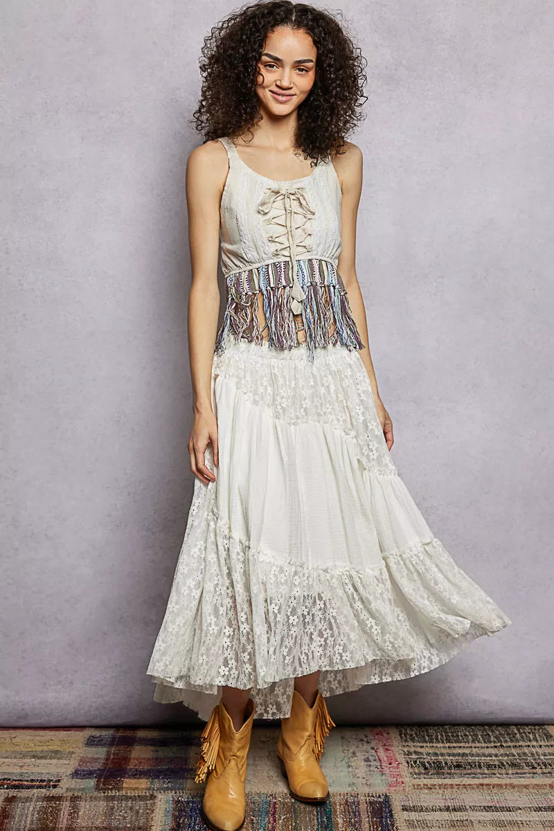 POL Lace-Up Fringe Hem Tank with Lace Detail