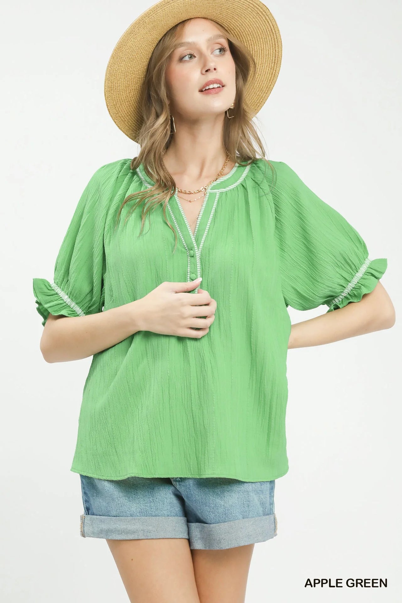 Umgee Textured Split Neck Puff Sleeve Top