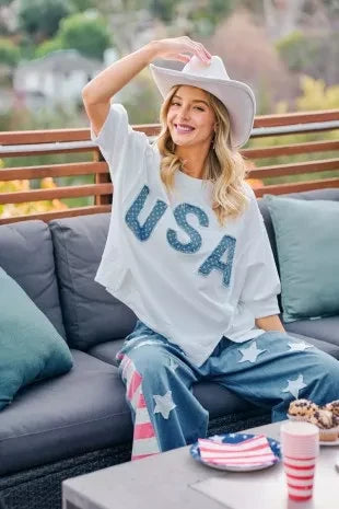 BiBi 4th Of July Usa Letter Patchwork French Terry Top