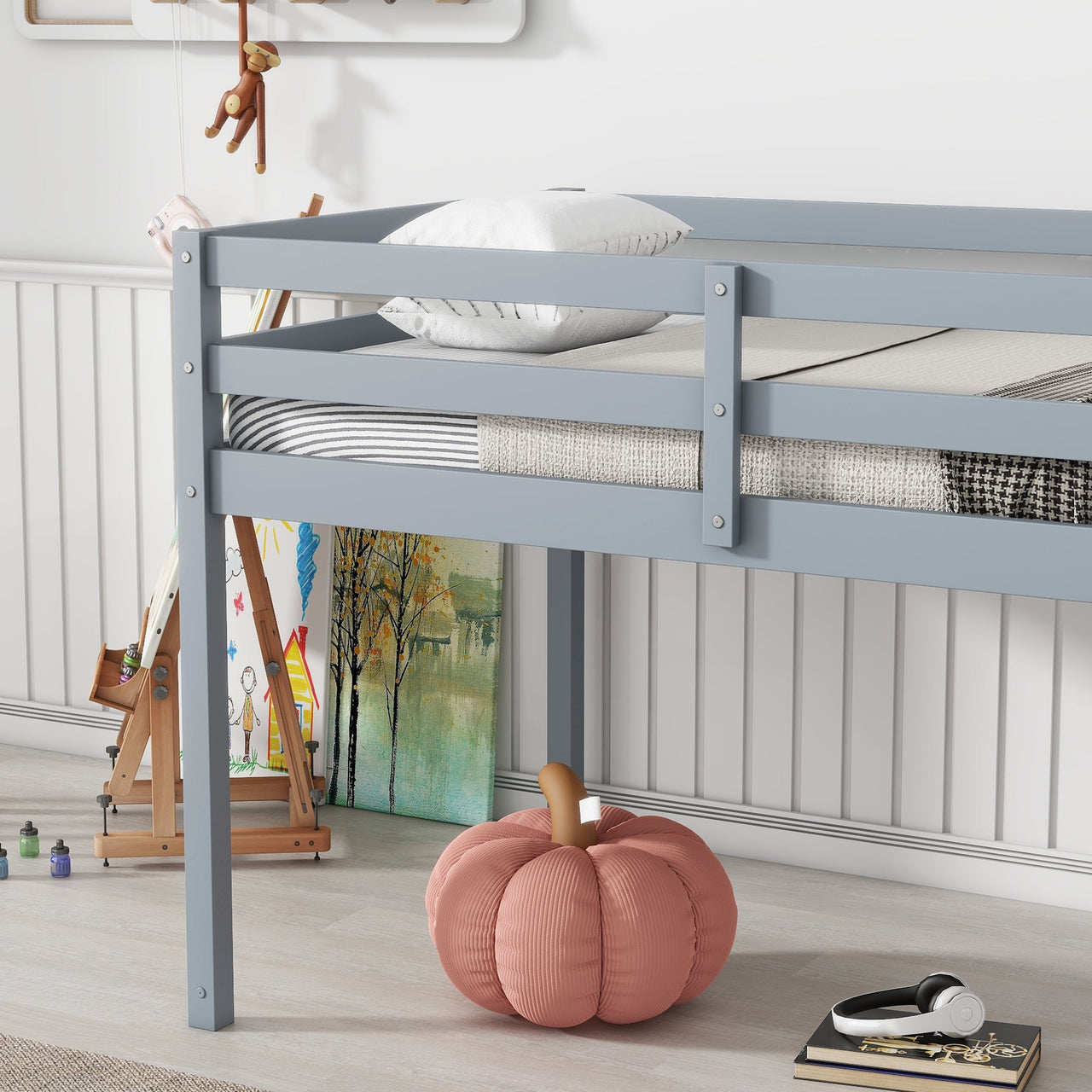 Solid Wooden, Rubber Wooden Twin Loft Bed with Ladder, Bed Platform of Strengthened Slats , Grey