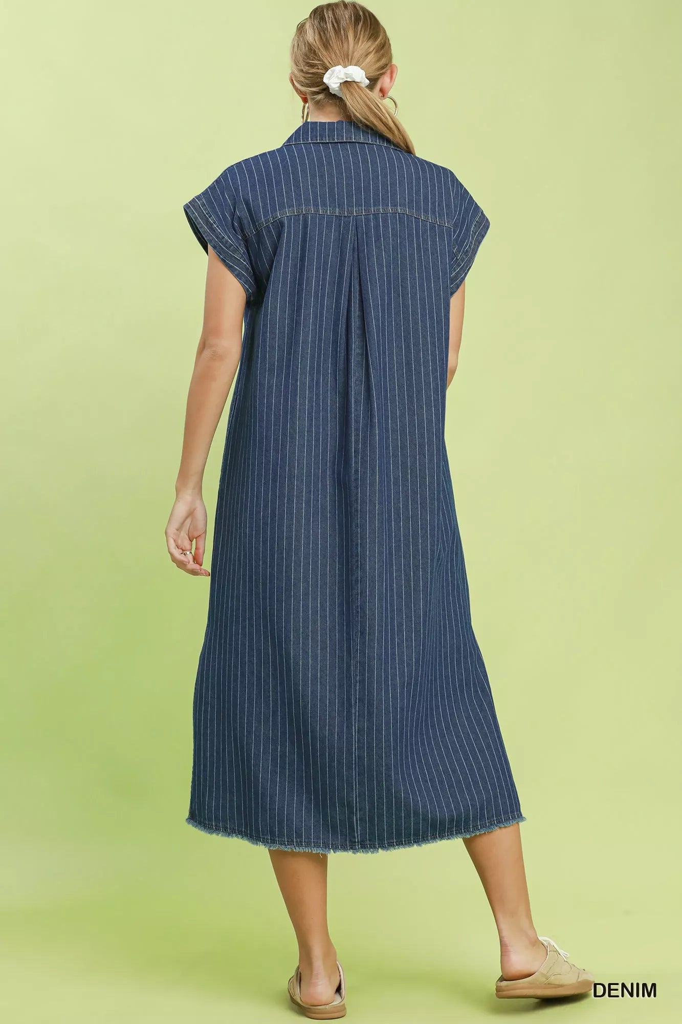 Umgee Pinstripe Denim Collared Midi Dress with Side Slits