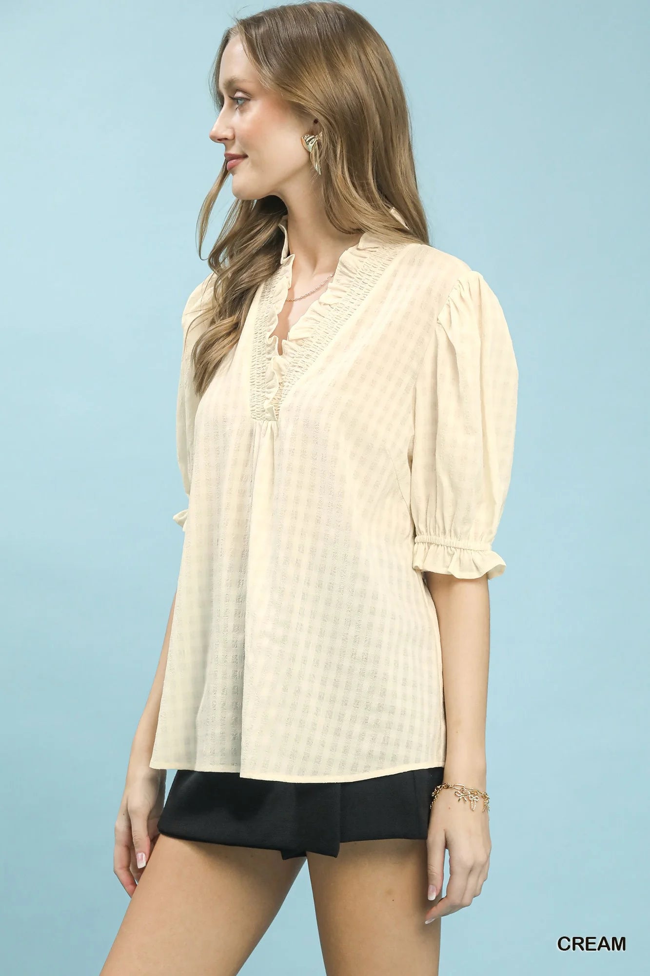 Umgee Textured Check Ruffle V-Neck Blouse