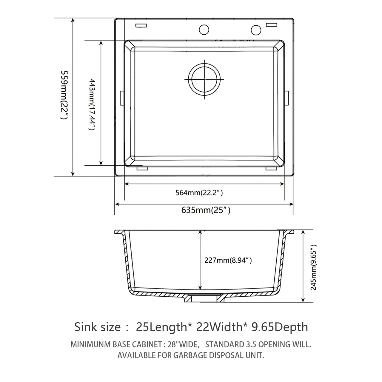 Quartz Kitchen Sink - 25 x 22 Inch Black Granite Composite Drop-In Sink
