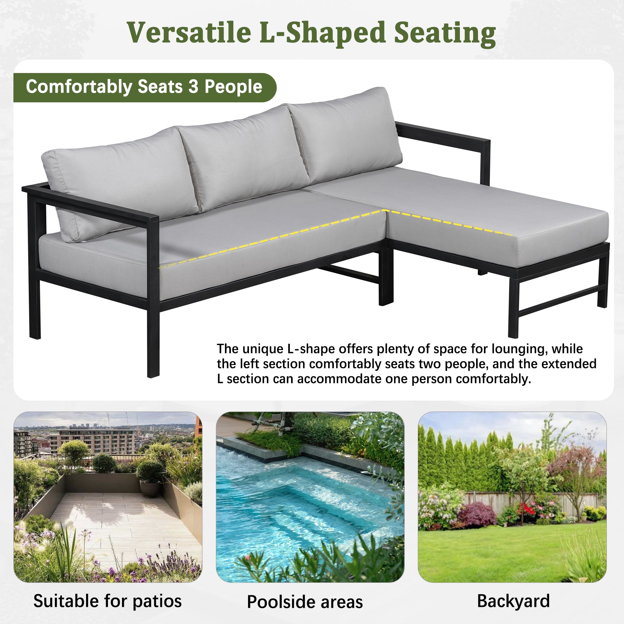 U_style Outdoor L-Shaped Sofa with Iron Frame,Weather-Resistant Patio Sofa Set with Ultra-Thick Cushions,Comfortable Seating for 3,Ideal for Patio, Balcony,and Garden