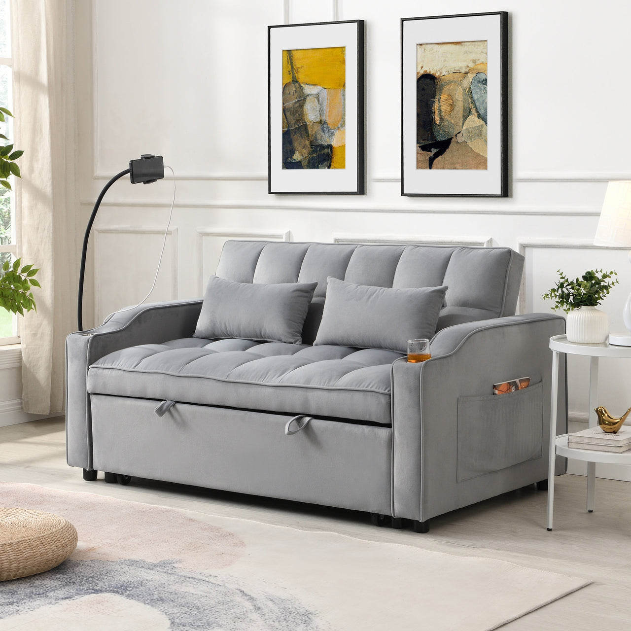 Modern Velvet Loveseat Futon Sofa Couch with Pullout Bed, Adjustable Backrest, Toss Pillows, Light Gray