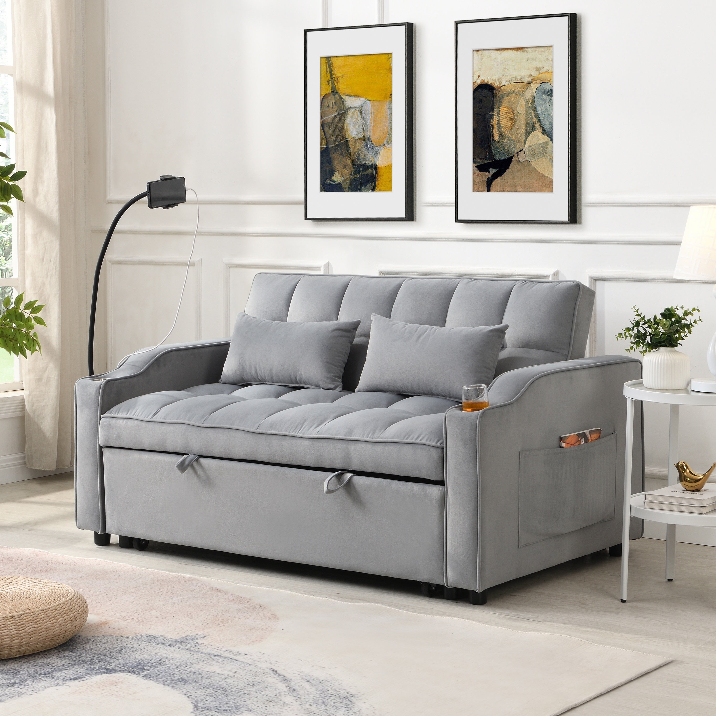 Modern Velvet Loveseat Futon Sofa Couch with Pullout Bed, Adjustable Backrest, Toss Pillows, Light Gray
