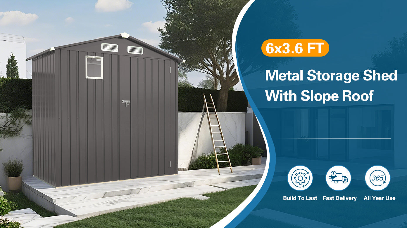 6X3.5FT Compact Metal Outdoor Storage Shed with Peaked Roof and Lockable Door, Gray,
