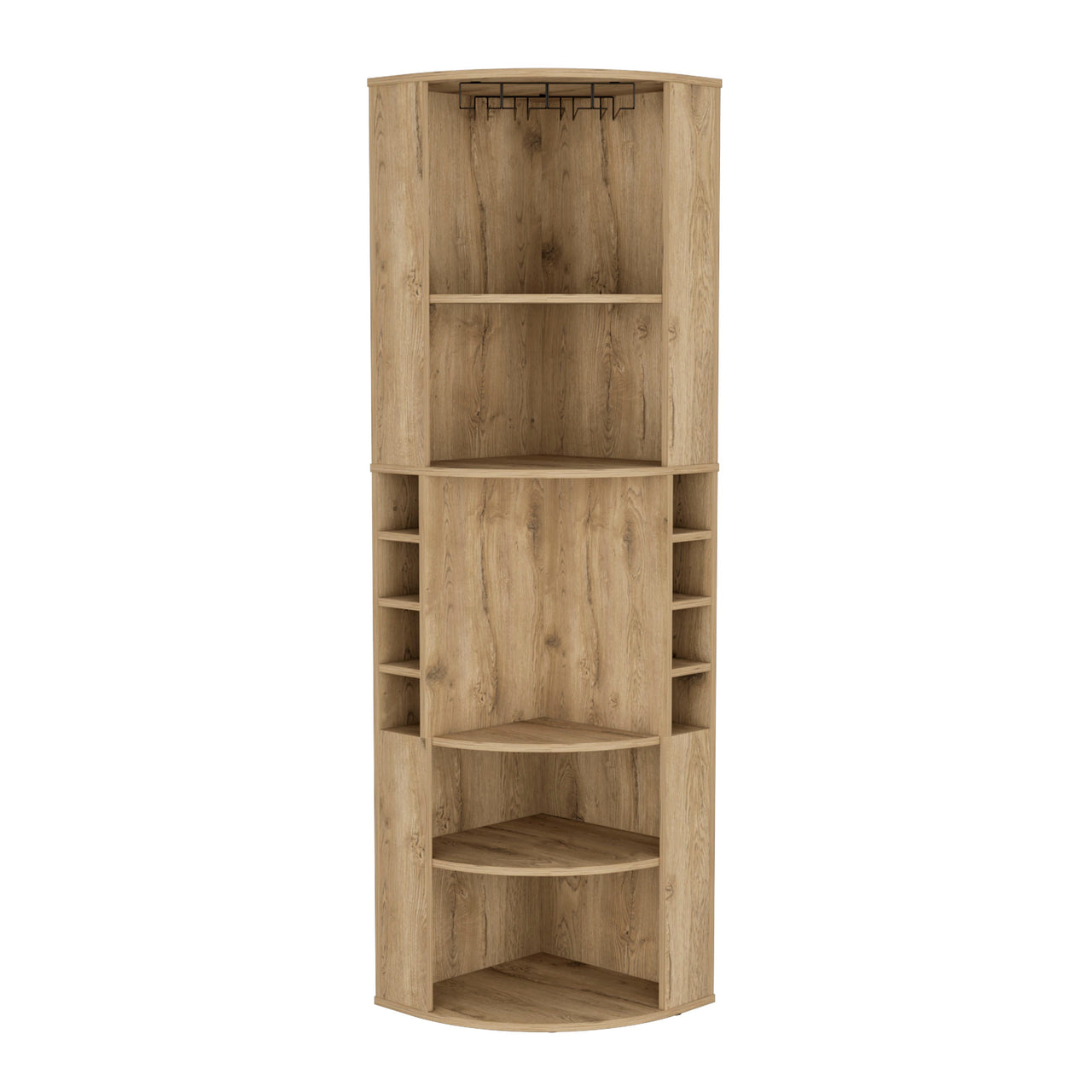 Oban Corner Bar Cabinet with Five Shelves , Eight Bottle Cubbies and Steamware Macadamia