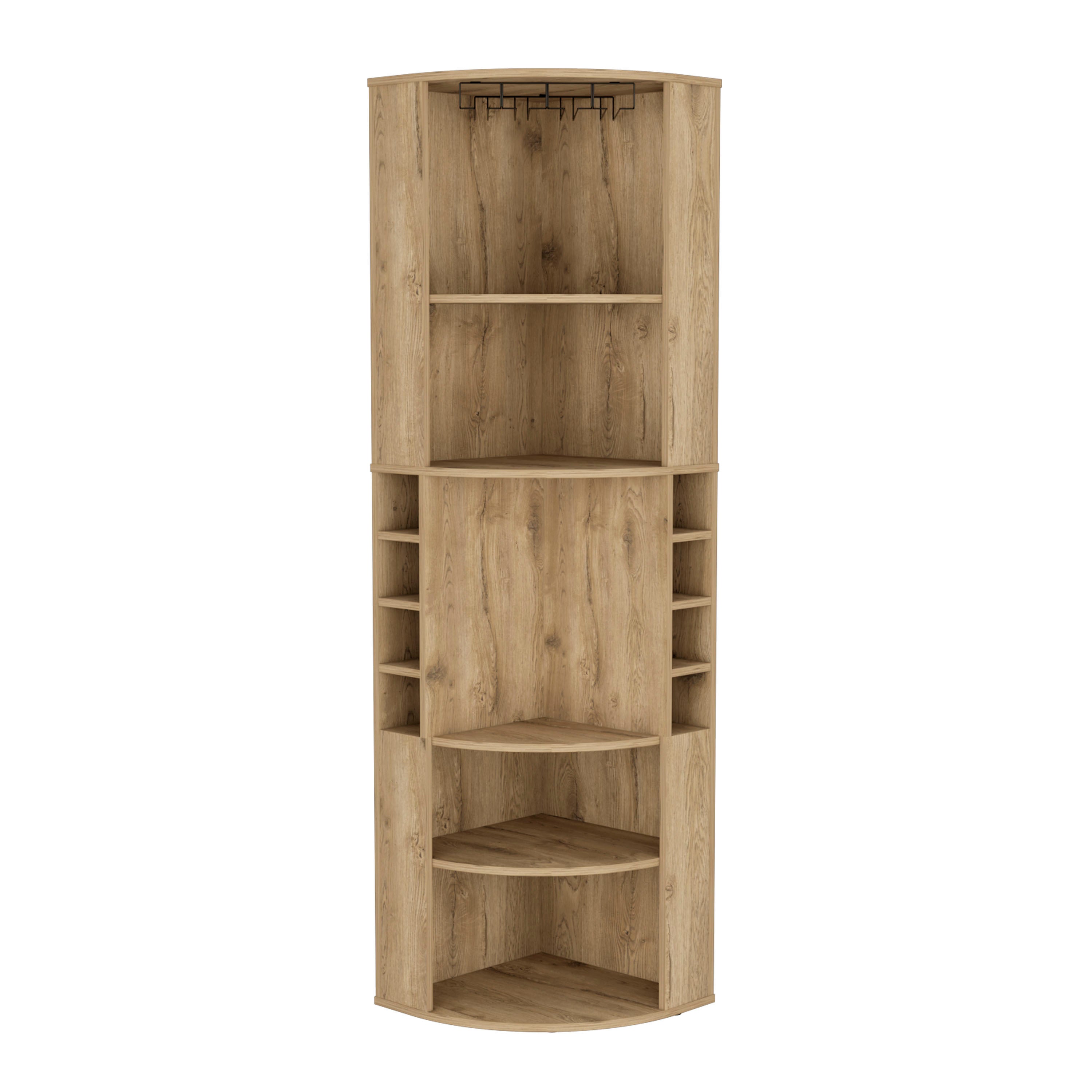 Oban Corner Bar Cabinet with Five Shelves , Eight Bottle Cubbies and Steamware Macadamia