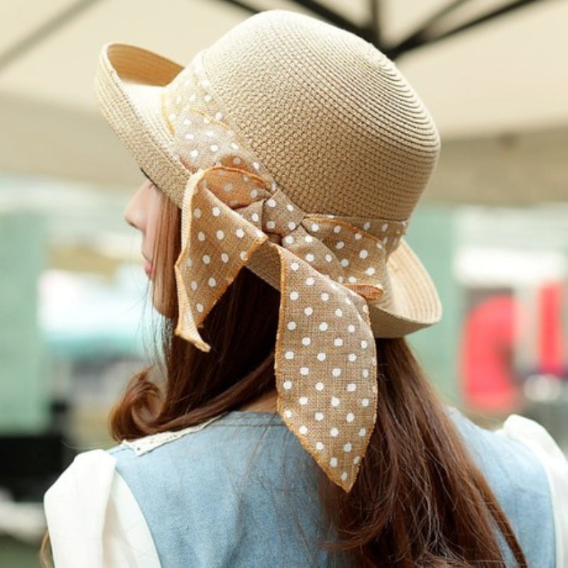 Women's Beach Hat Flat Top Cover Roller Ribbon Dome Hat