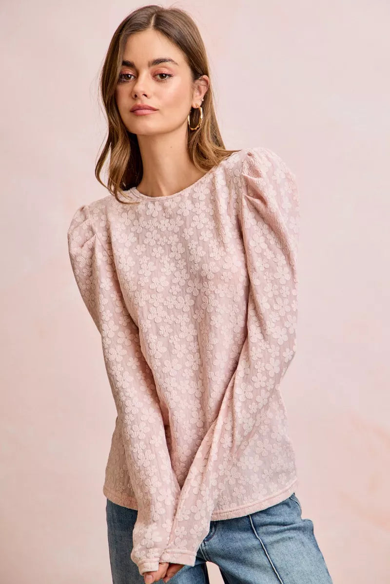 BiBi Textured Flower Knit Puff Shoulder Top