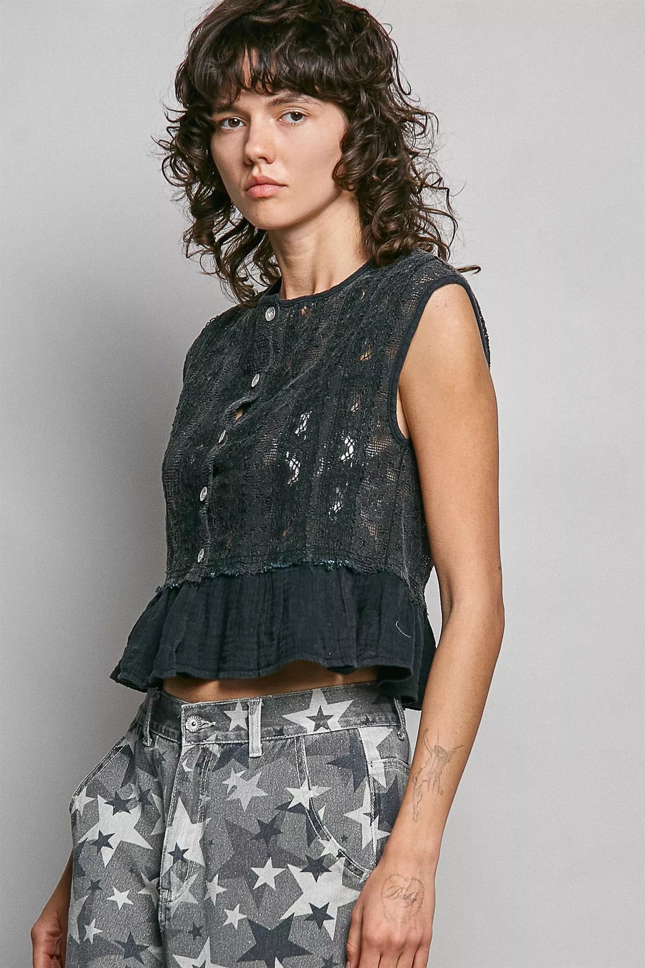 POL Round Neck Lace Sleeveless Top with Double Gauze Ruffle