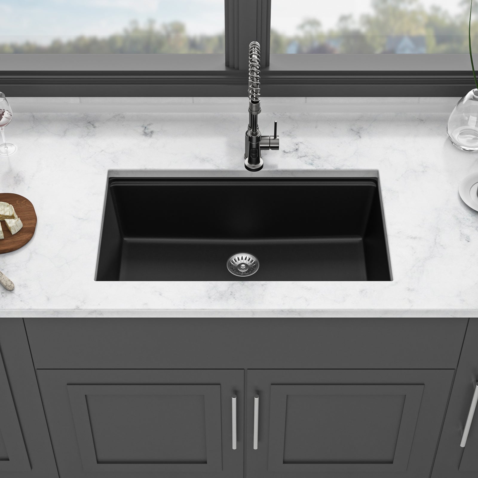 Quartz Composite Kitchen Sink Workstation Undermount 33x19 Inches Black Granite