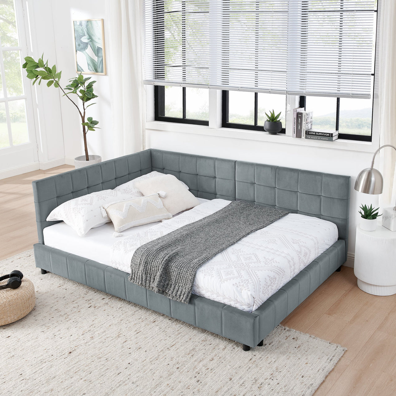 Velvet Grey Full Size Upholstered Tufted Bed Frame with Backrest and Armrests, 80.5''*59''*30.5''