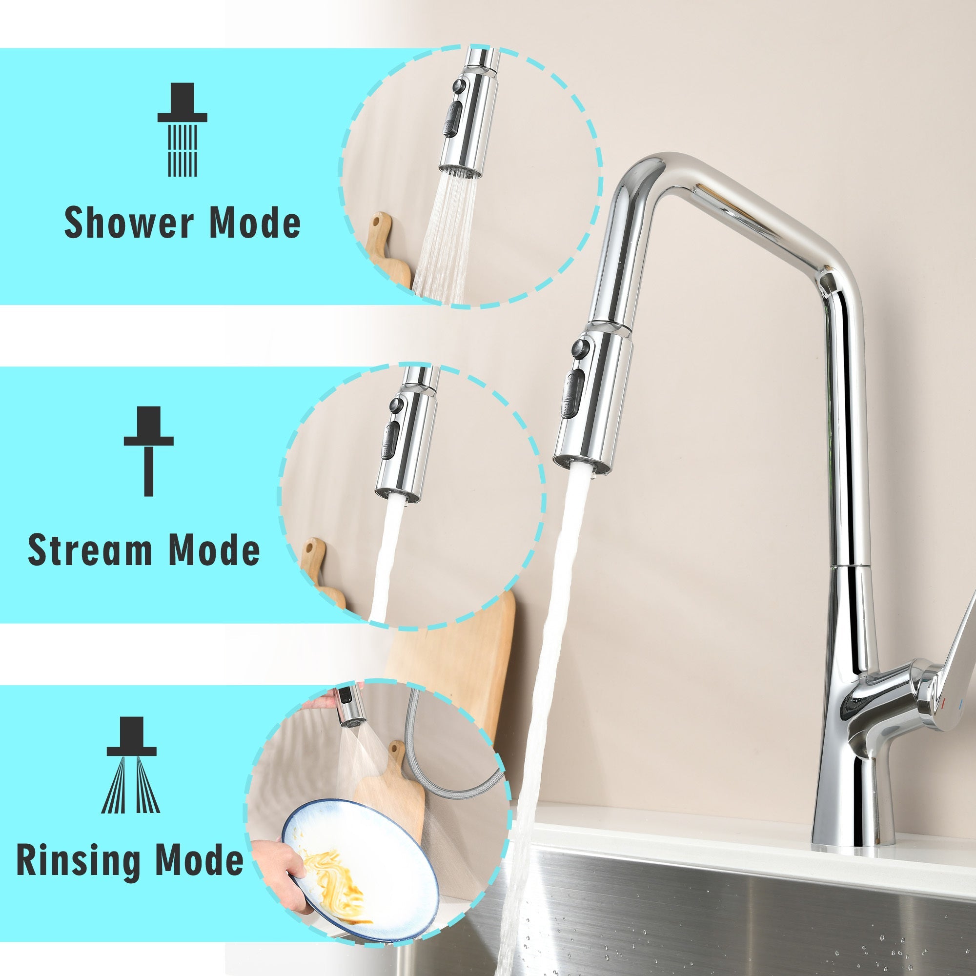 Professional Chrome Kitchen Faucet - 3 Function 360 Sprayer with One Touch Switching, Metal Construction