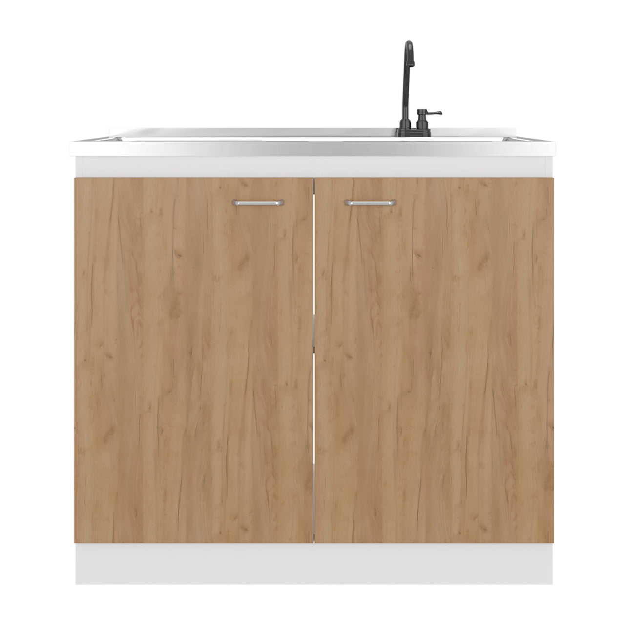 Salento Freestanding Sink, Double Door Cabinet, Two Shelves, White / Natural Oak