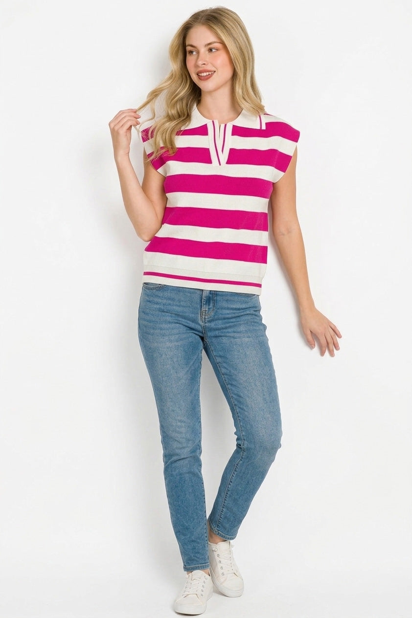 Zenana Viscose Striped Collared Sweater Vest
