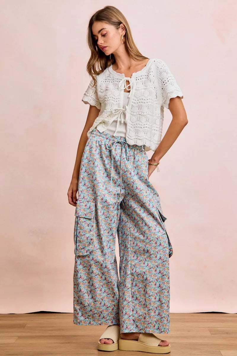 BiBi Front Bow Tie Detail Pointelle Knit Top