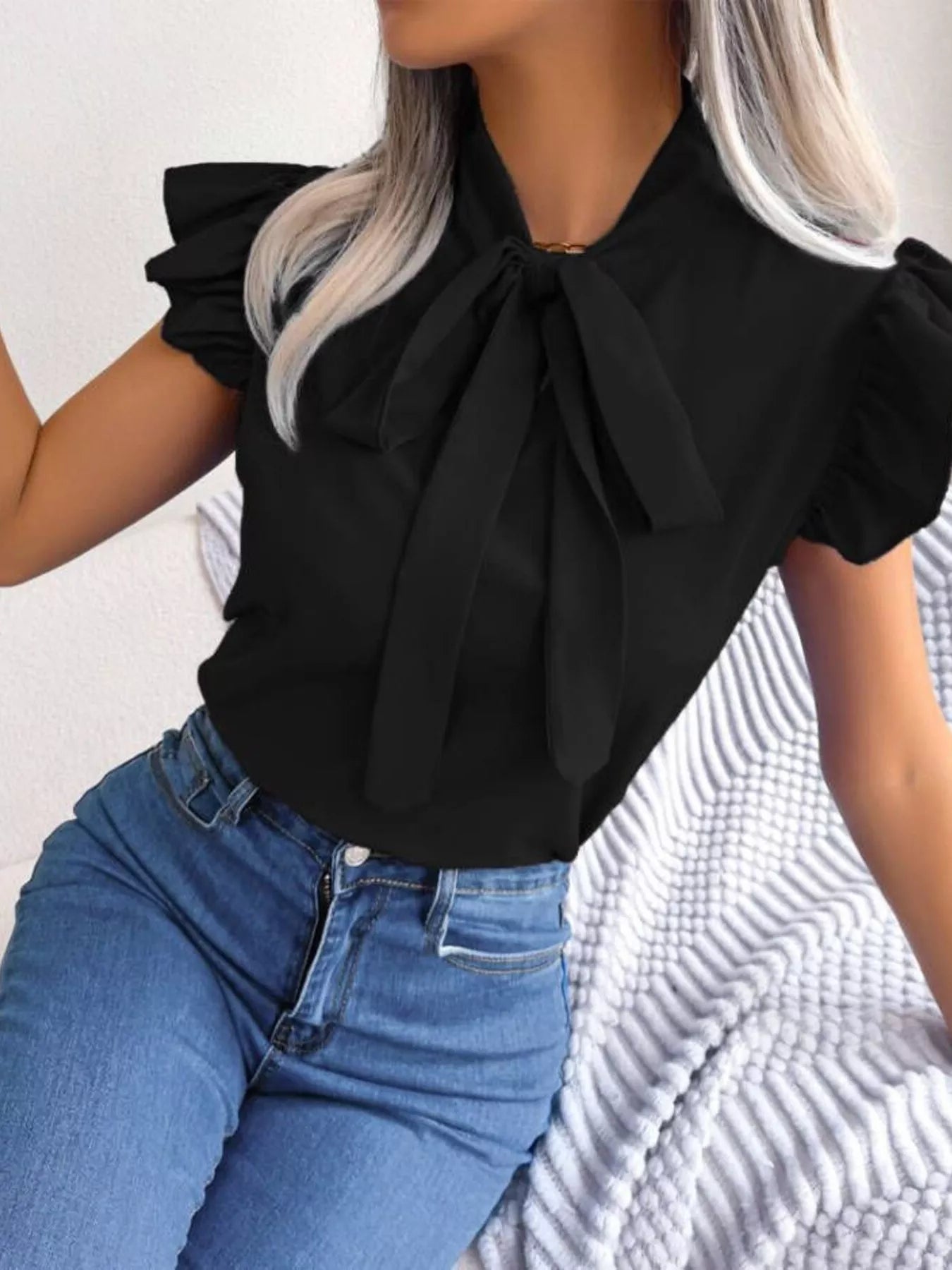 Bow Tie Ruffle Sleeve Blouse