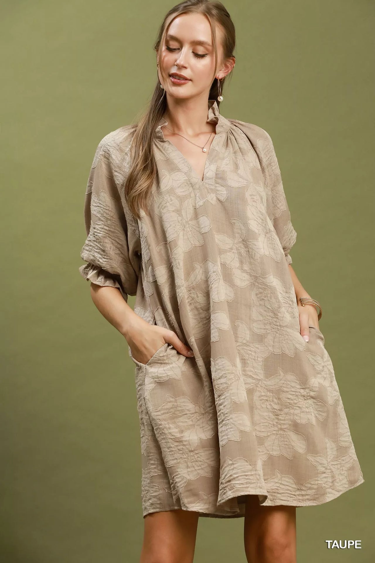 Umgee Floral Textured Jacqaurd V-Neck Dress