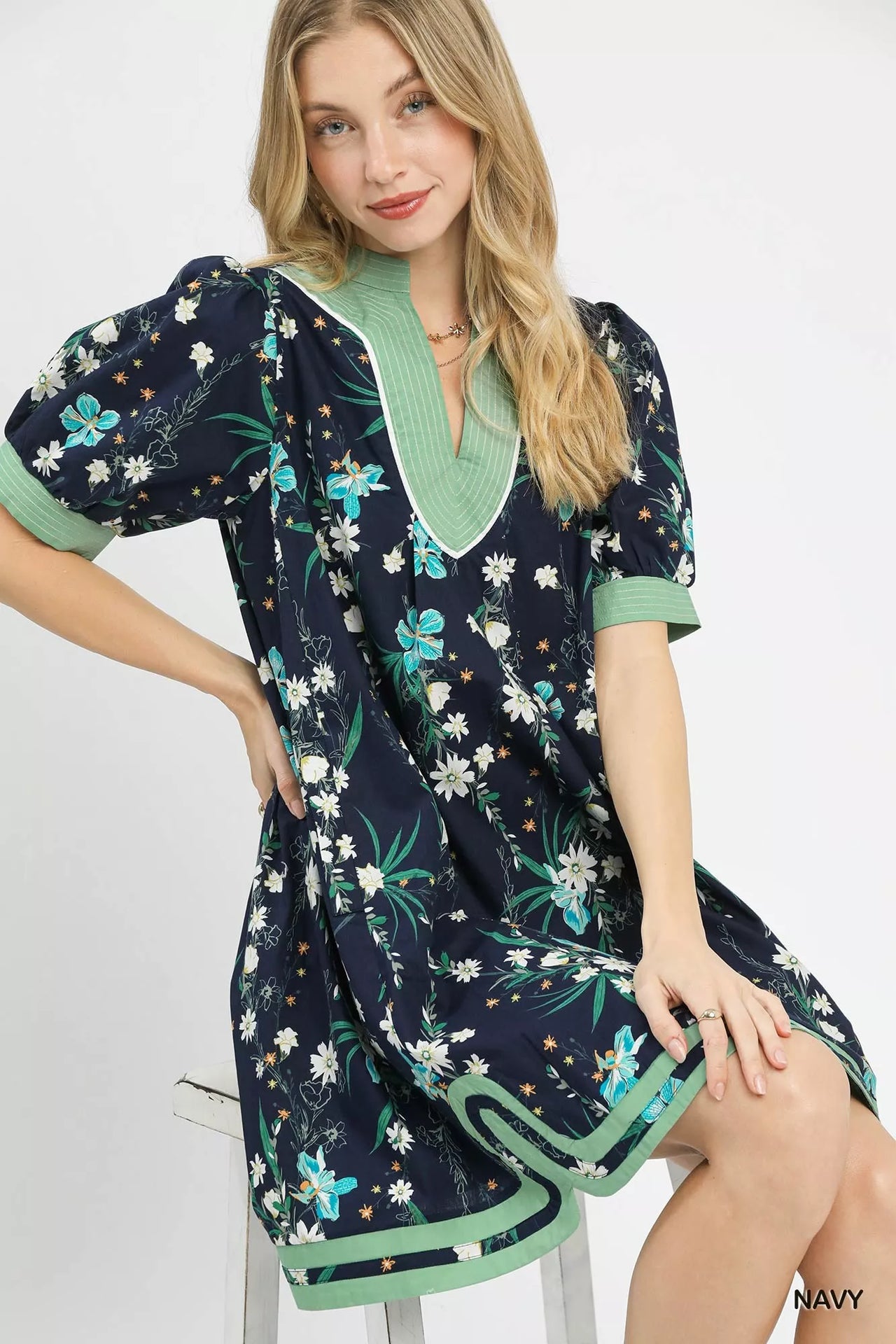 Umgee Floral Puff Sleeve Dress with Contrast Trim