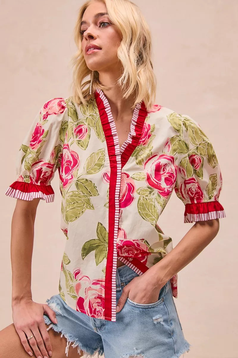 BiBi Floral Printed Woven Contrast Edge Ruffled Blouse