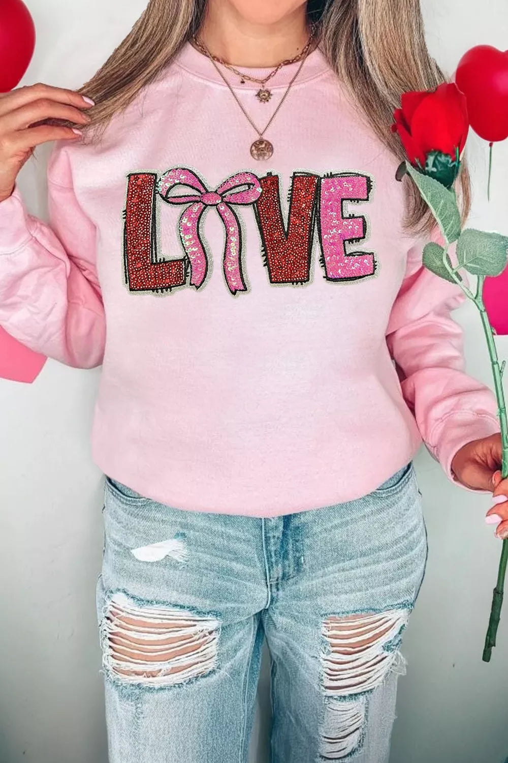 Bow Love Sequin Pattern Valentine Sweatshirt