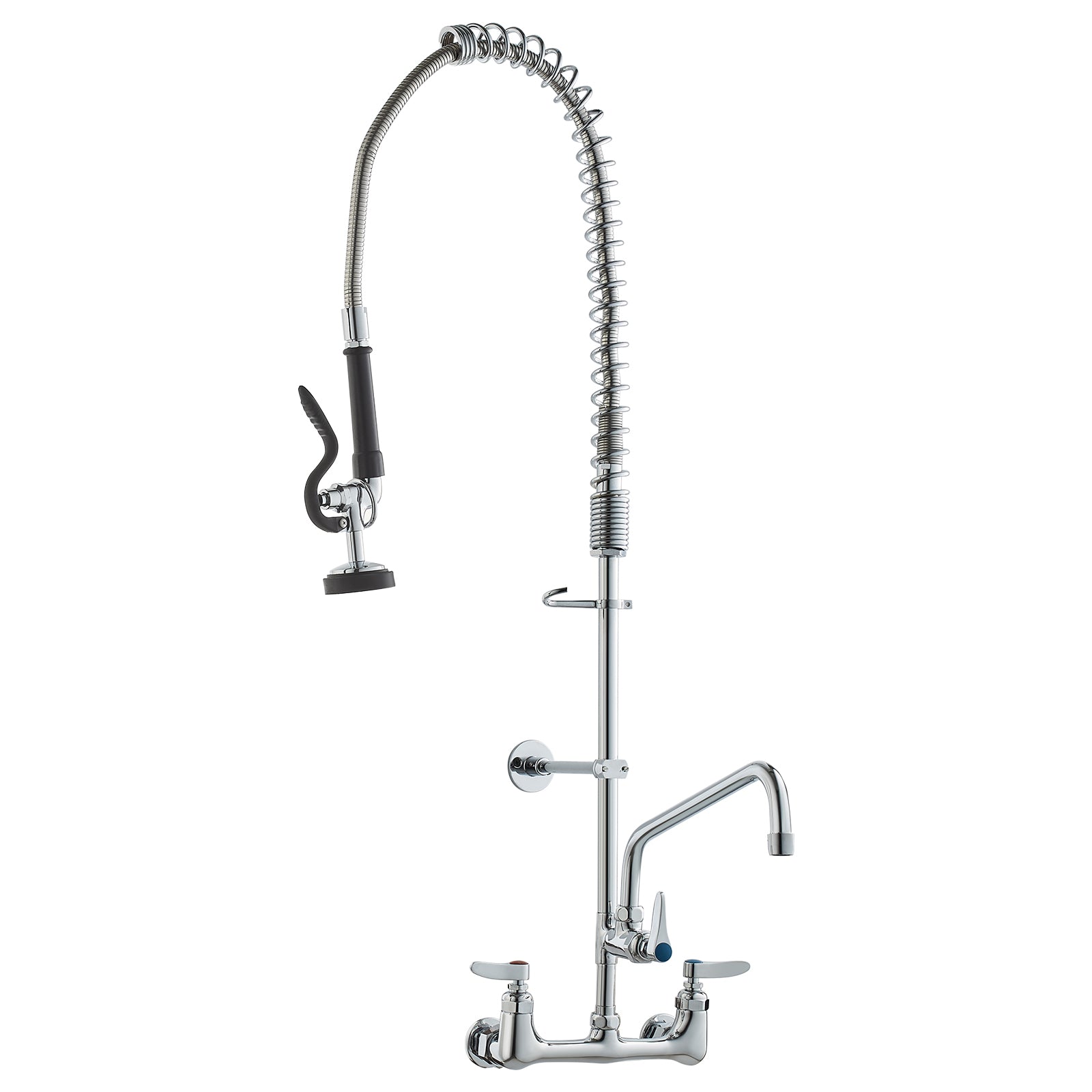 Commercial Faucet with Pre-Rinse Sprayer, 36' Height, 8' Center, 12' Swing Spout, Wall Mount Kitchen Sink Faucet, Brass Constructed Device with Pull Down Spray, for 1/2/3 Compartment Sink