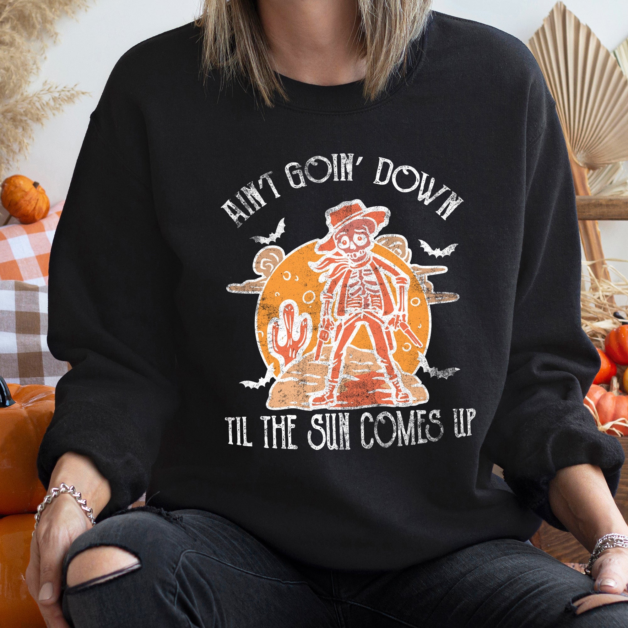Ain't Going Down Vintage Halloween Haunted Night Scene With Retro Typography Graphic Sweatshirt