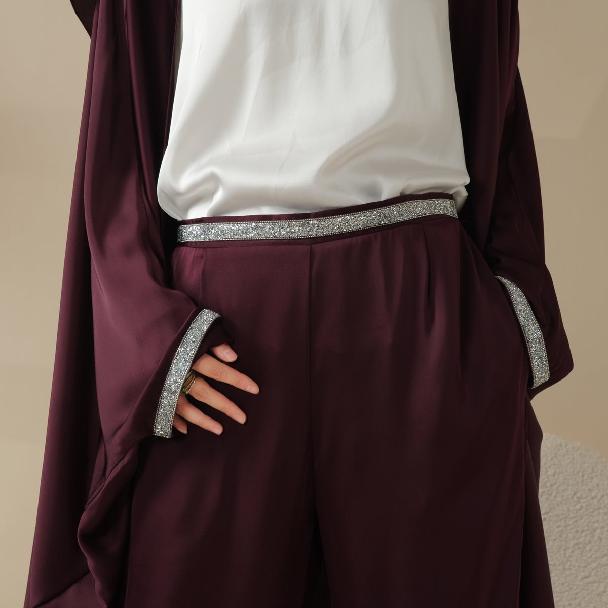 Archive Piece Abaya With Satin Shirt And Rhinestone Trousers - MP002 (Size M Only)