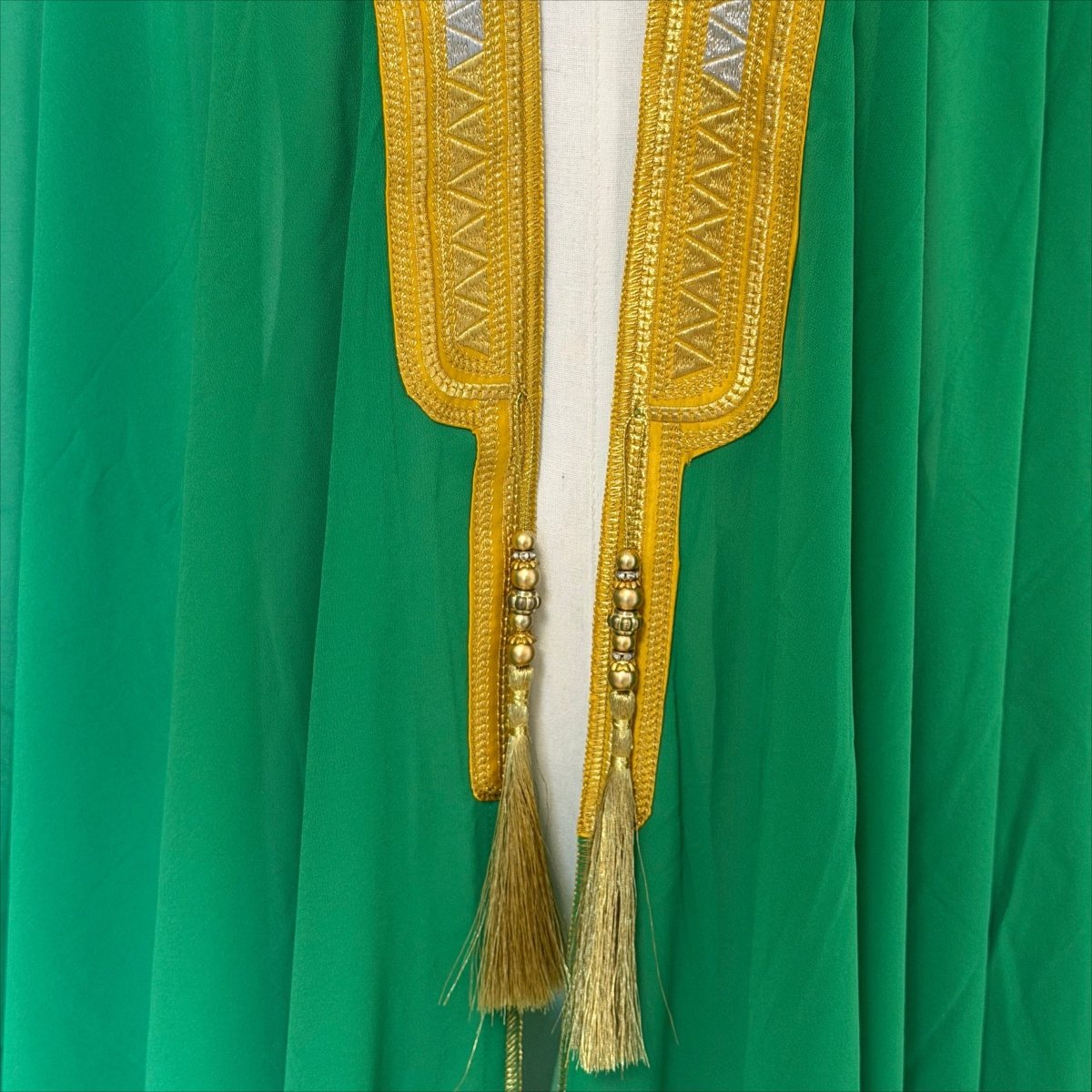 Archive Piece Gold Geometric Embroidered Tassel-Trim Open Kaftan - MP052 (Size XXL Only)