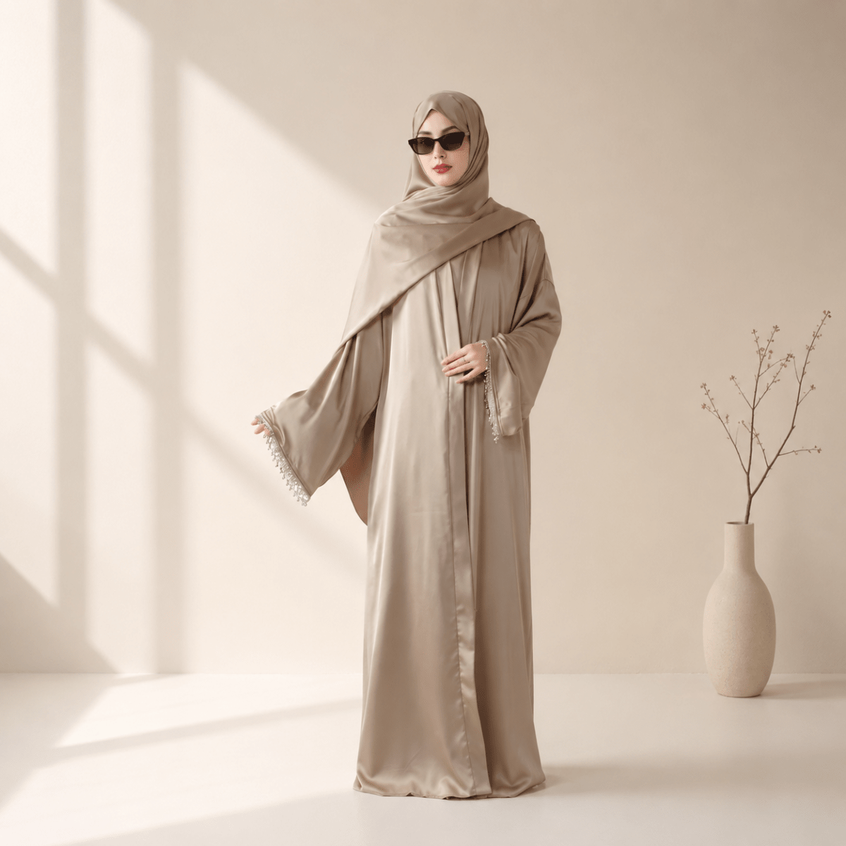 Archive Piece Satin Abaya With Matching Belt Made Of Diamond Tassel - MP003 (Size XXS/XS Only)