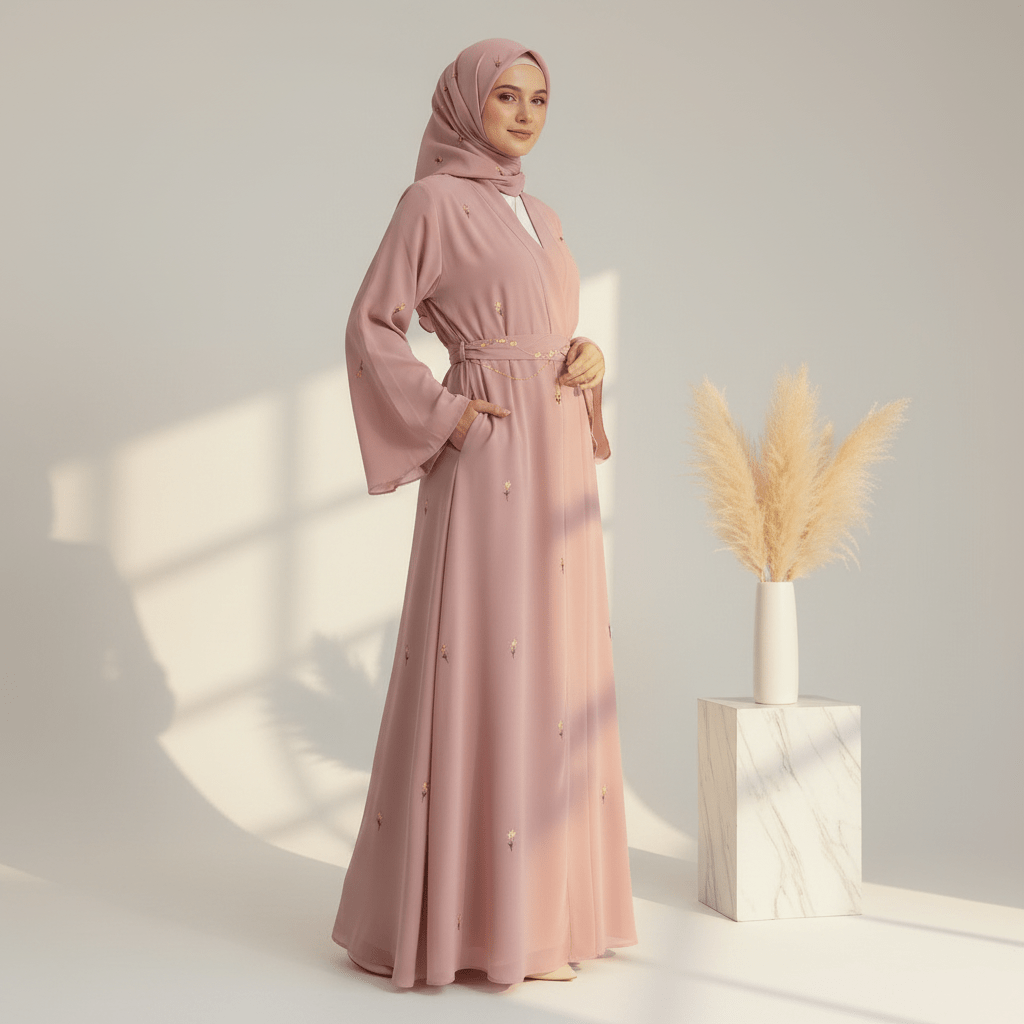 Archive Piece Tulip Embroidered Nida Abaya 4-Piece Set - MP024 (Size M Only)