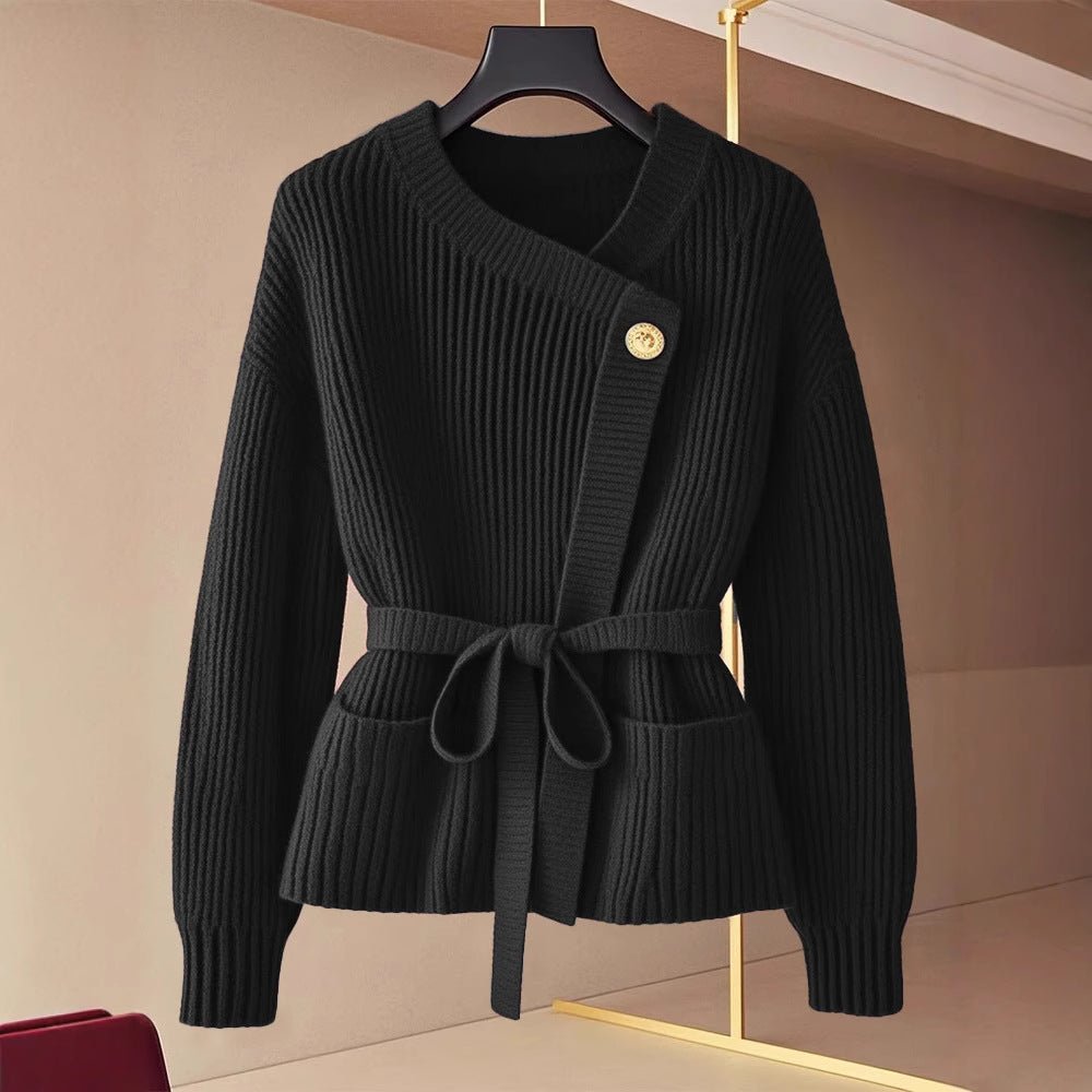 Asymmetric Belted Knit Cardigan | Korean Style Button-Front Sweater(MS201)