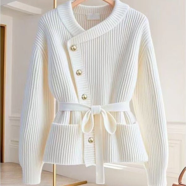 Asymmetric Belted Knit Cardigan | Korean Style Button-Front Sweater(MS201)