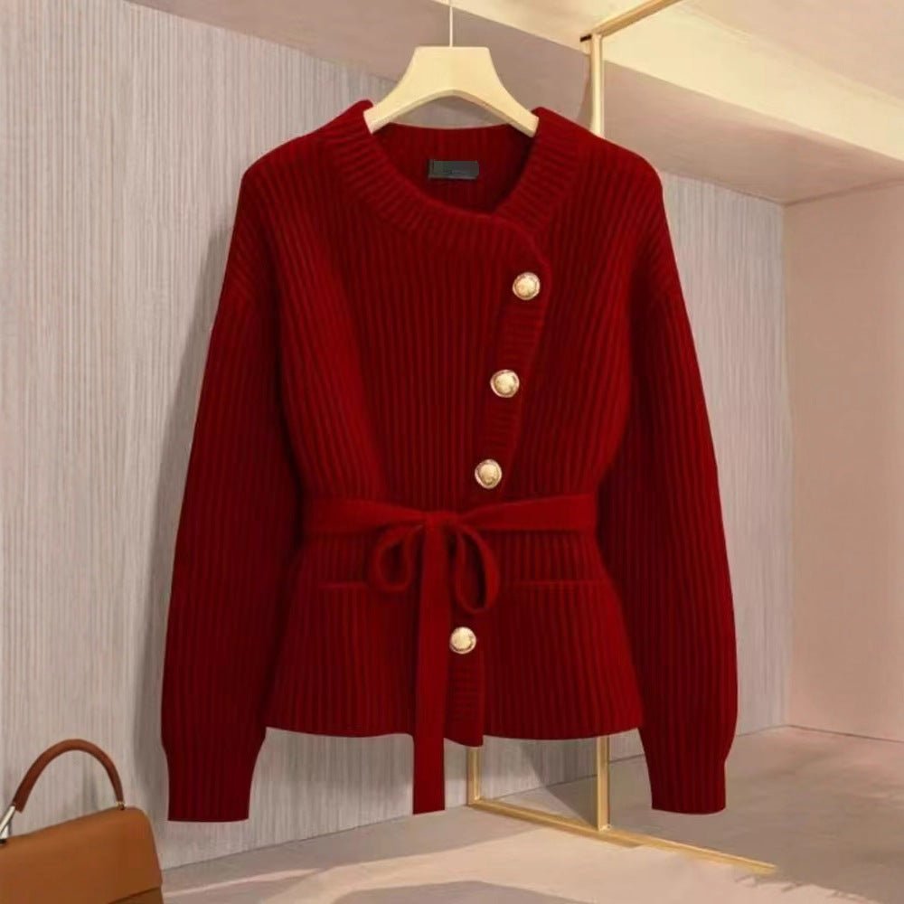 Asymmetric Belted Knit Cardigan | Korean Style Button-Front Sweater(MS201)