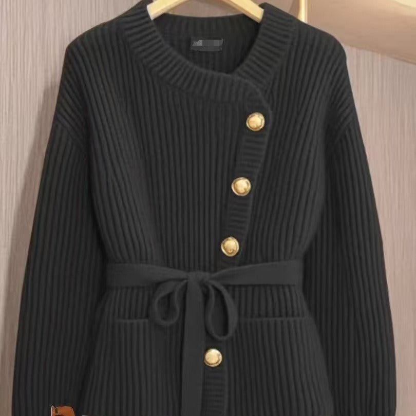 Asymmetric Belted Knit Cardigan | Korean Style Button-Front Sweater(MS201)