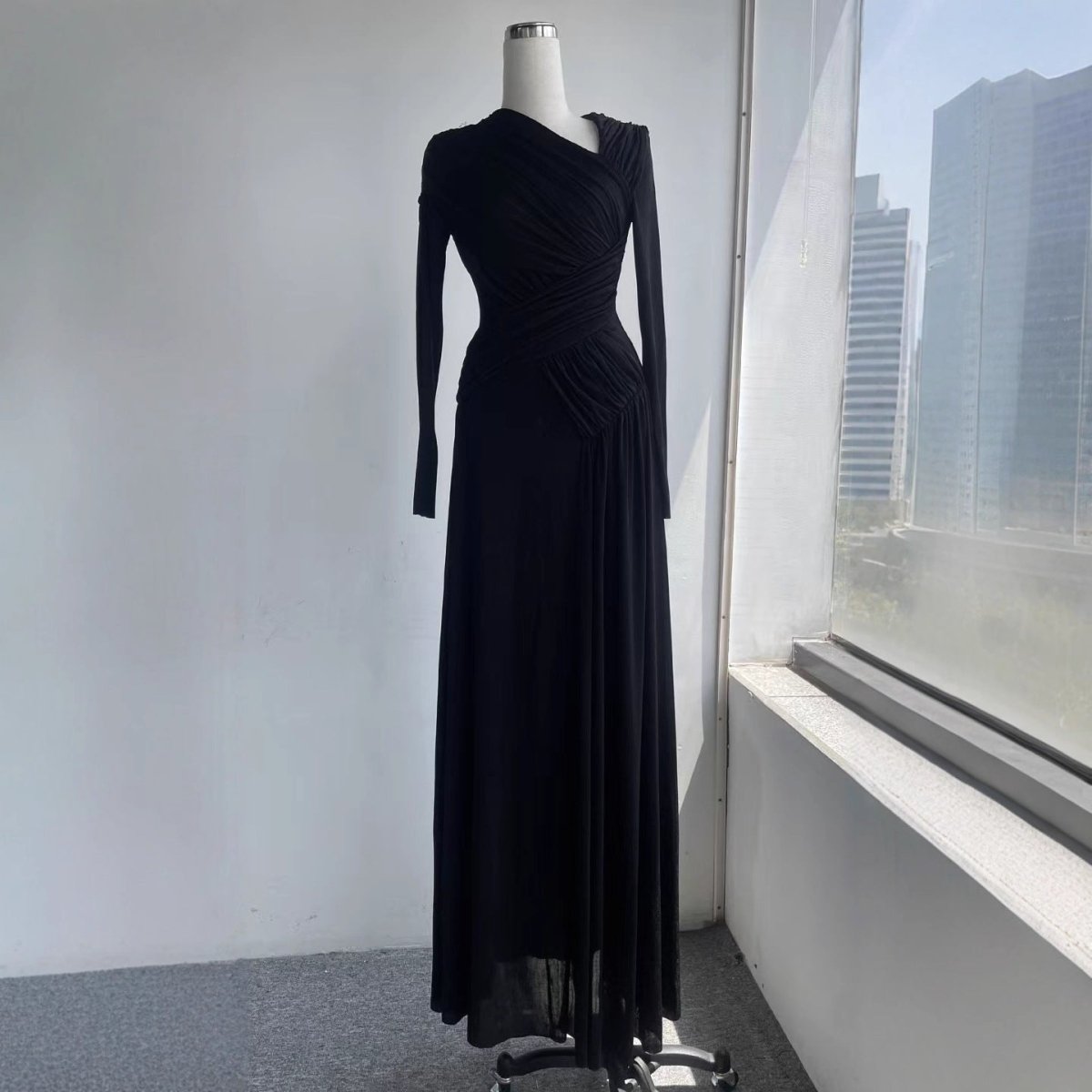 Asymmetric Ruched Gown with Diagonal Draping(MS262)