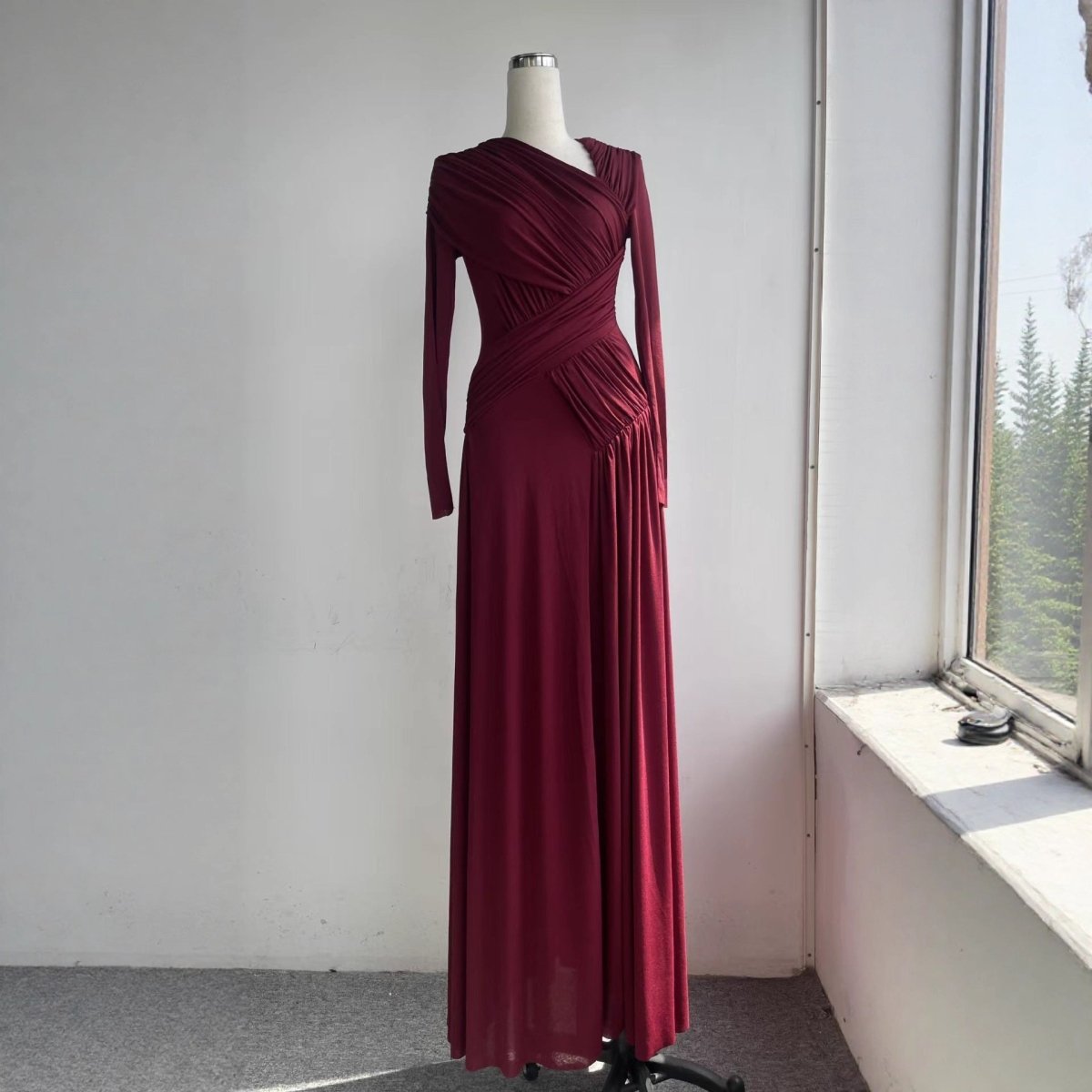 Asymmetric Ruched Gown with Diagonal Draping(MS262)