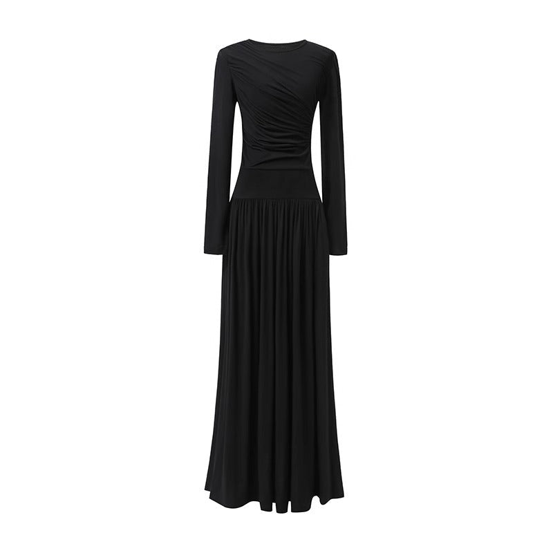 Asymmetric Ruched Knit Dress with Pleated Skirt (MS343)