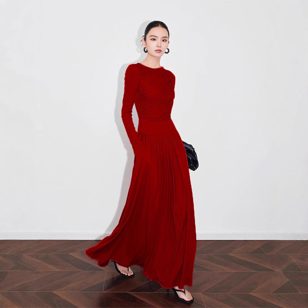 Asymmetric Ruched Knit Dress with Pleated Skirt (MS343)