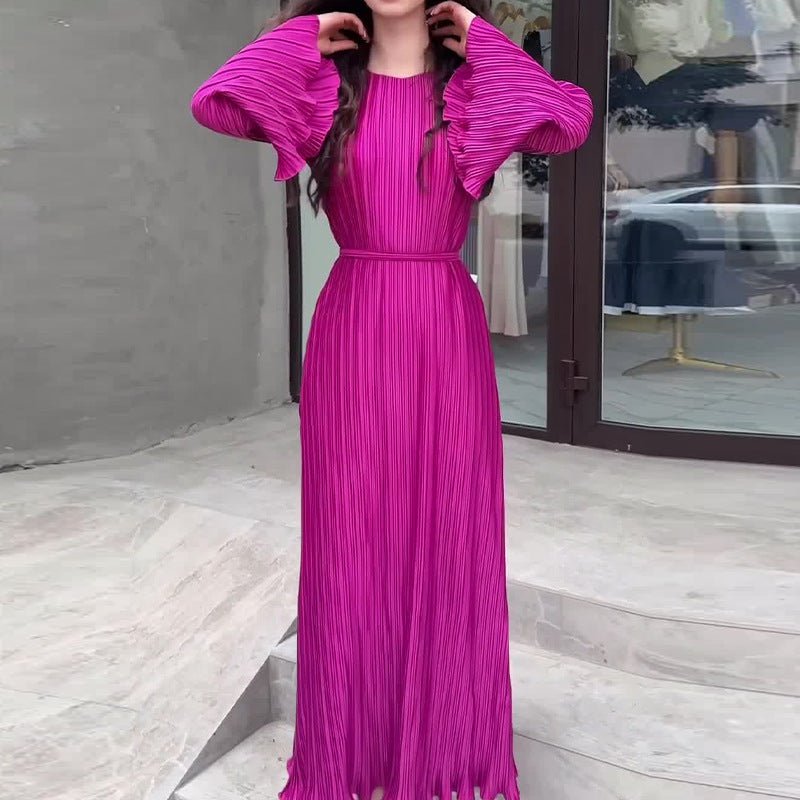 Autumn New Pleated Flared Sleeve Wedding Guest  Dress Abaya with Belt(MA193)