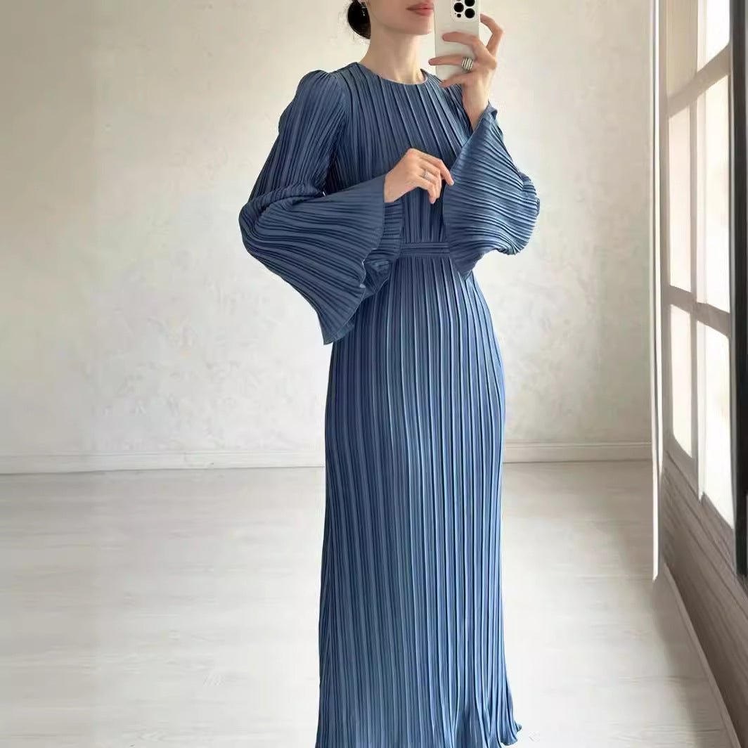 Autumn New Pleated Flared Sleeve Wedding Guest  Dress Abaya with Belt(MA193)
