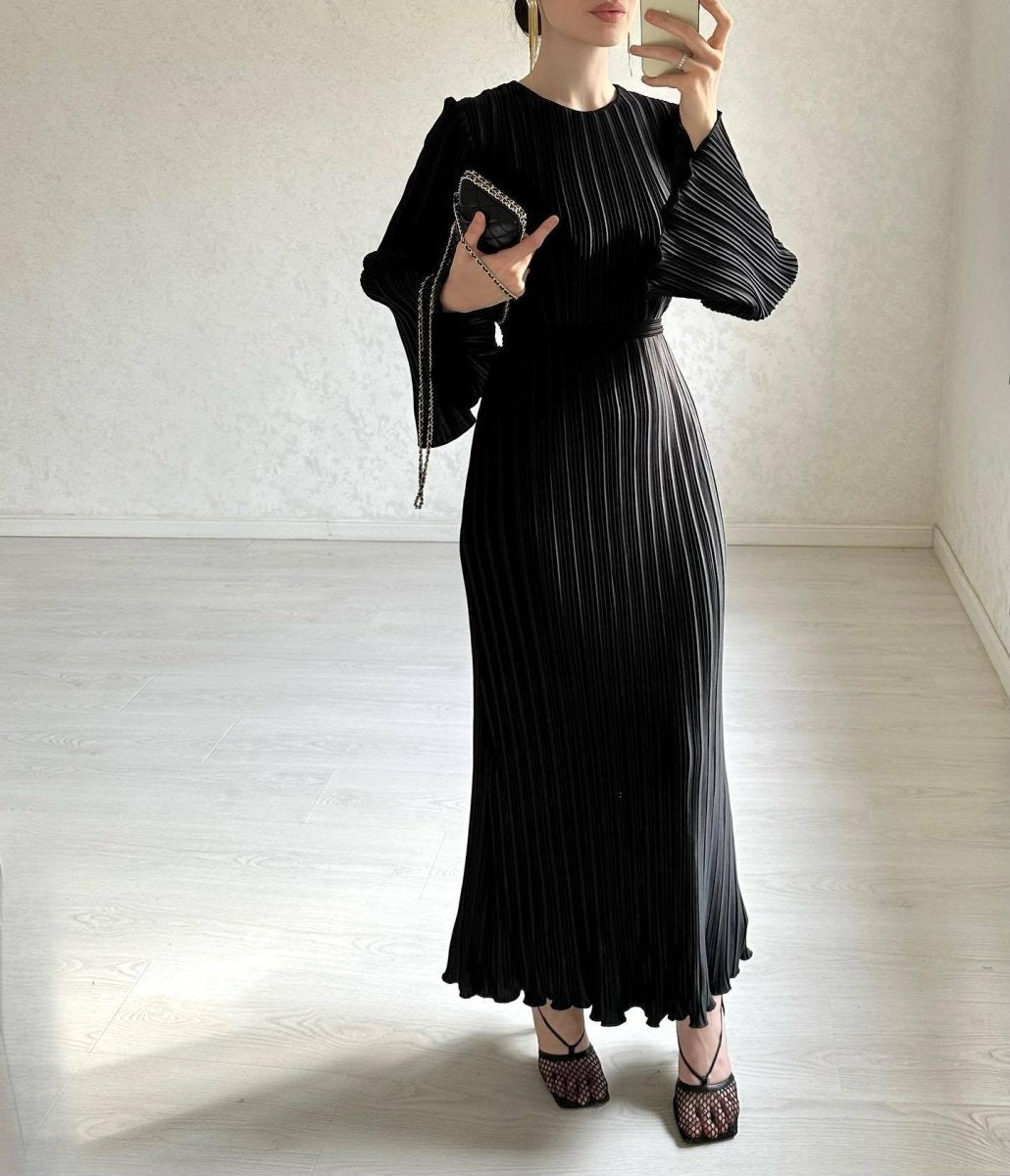 Autumn New Pleated Flared Sleeve Wedding Guest  Dress Abaya with Belt(MA193)